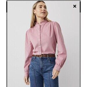 Ann Taylor Corduroy Shirt Women XL Pink Ruffle Button Up Balloon Sleeve Cottage